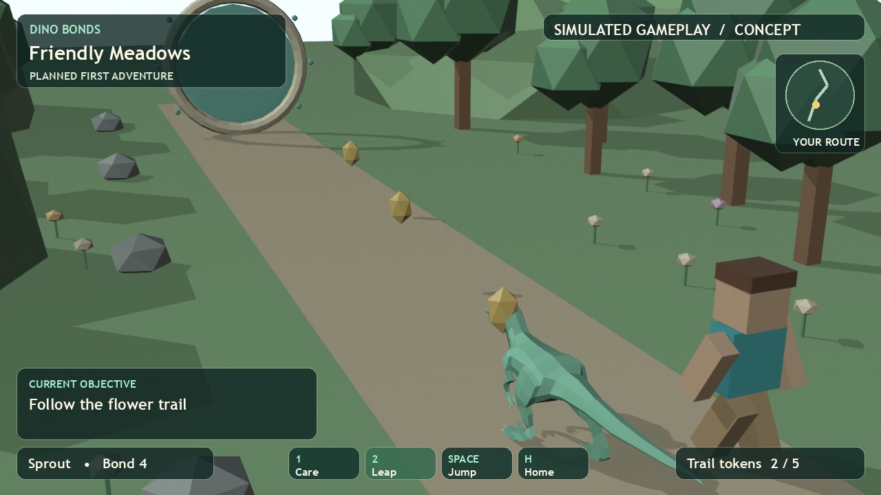 A mint green animated dinosaur and blocky keeper follow a meadow trail toward a circular portal.