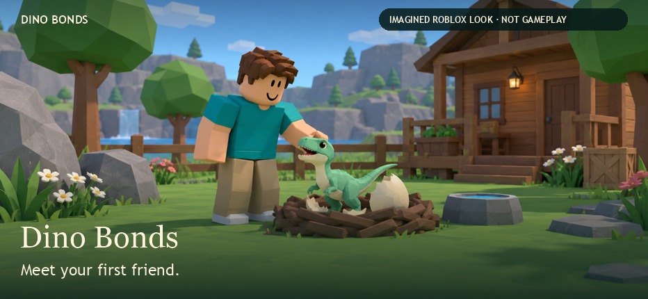 A blocky keeper and mint-green dinosaur hatchling at their little timber home in the Dino Bonds concept film.