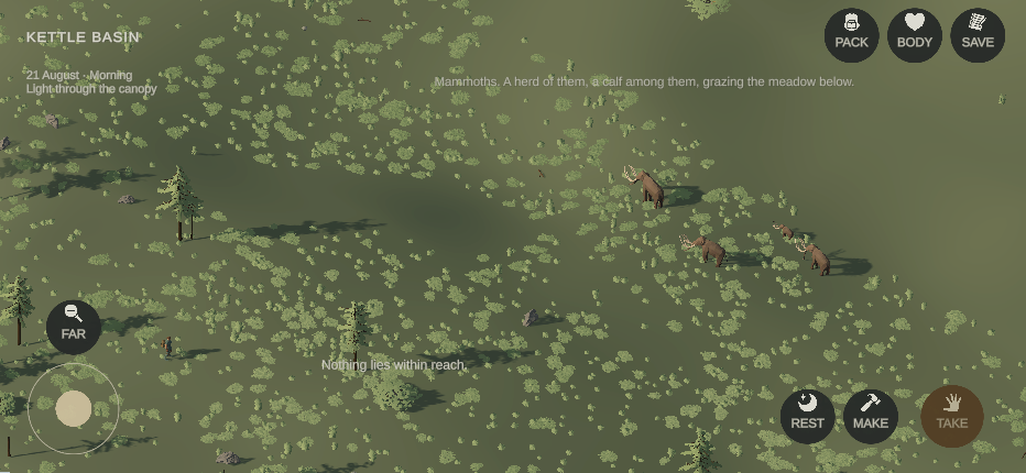 The lookout view, three-quarter: four mammoths grazing at right with shadows, the survivor at left