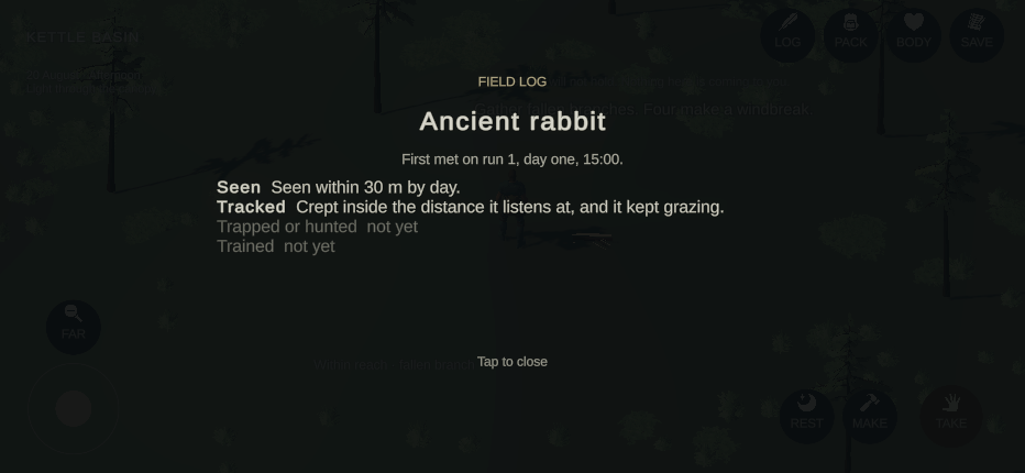 The field log card: Ancient rabbit, first met on run 1, day one, 15:00, with Seen and Tracked earned and the other two not yet