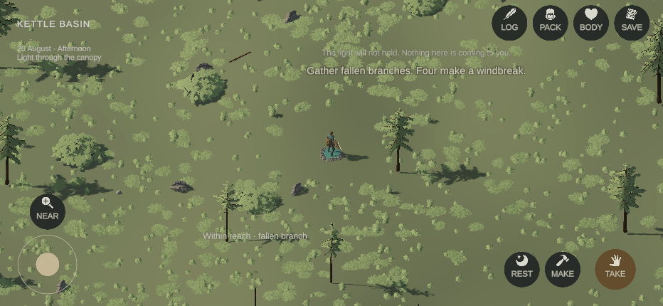 The survivor standing at the rock seep among the trees