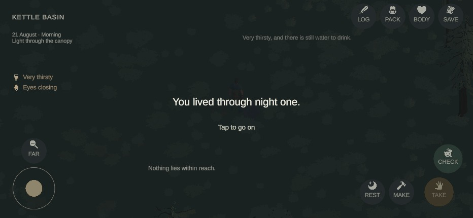 The dawn card reading You lived through night one, with CHECK on offer