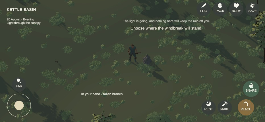 At dusk the survivor stands on a rabbit run holding a branch, the SNARE disc lit