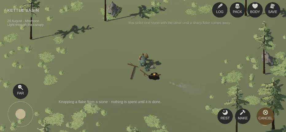 The survivor crouched by the fire, knapping a flake