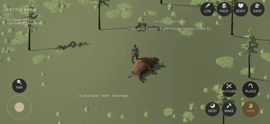 The survivor standing over a downed bison, the butcher button offered