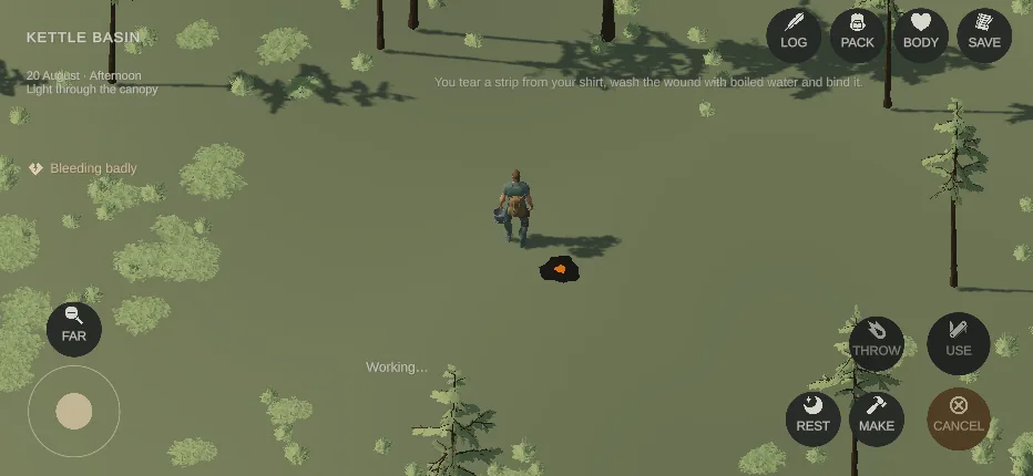 The survivor bleeding badly beside a small fire, binding the wound