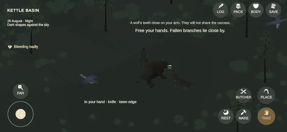 Night: dire wolves at the carcass beside the survivor, who is bleeding