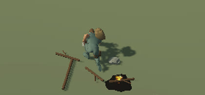 Close up: the survivor crouched by the fire, striking one stone with another