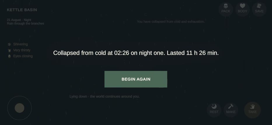 The end card after collapsing from cold in the night
