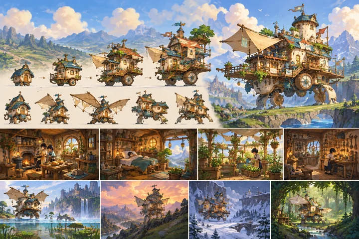 Sailwing Wanderer: painted fantasy home and expansion concept with wheels, wing forms and limbs.