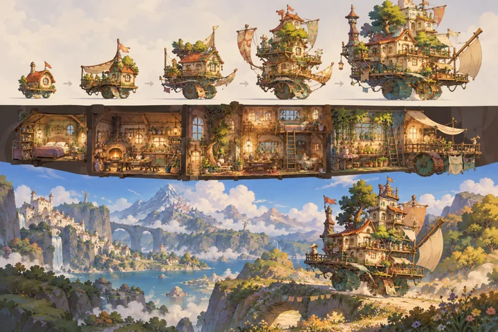 Wind Cart Village: painted fantasy home and expansion concept with large spoked wheels and sails.
