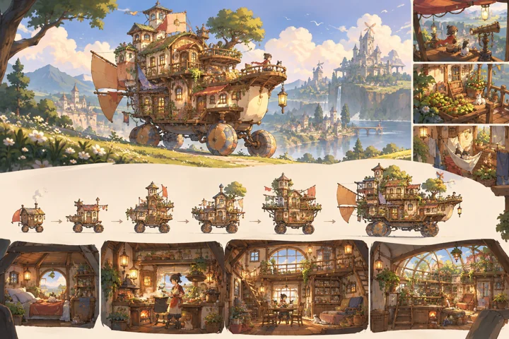 Hillship Home: painted fantasy home and expansion concept with four broad wheels and sails.