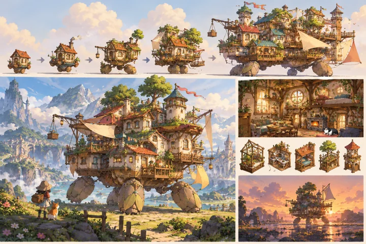 Seedstone Roamer: painted fantasy home and expansion concept with articulated stone-like pods.