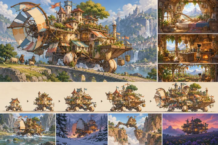 Windwheel Ark: painted fantasy home and expansion concept with large sail wheel with rolling supports.