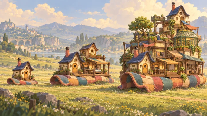 Quilt Runner: painted fantasy home and expansion concept with a travelling patchwork runner.