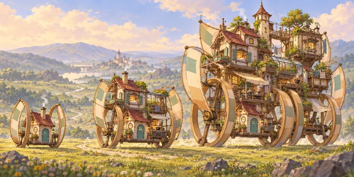 Hoopwheel Orchard, a painted concept of a tiny home growing into an irregular wheeled castle.