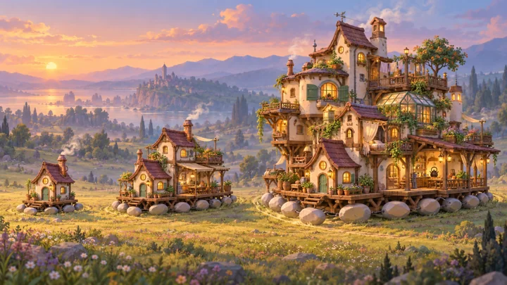 Pebblewake: painted fantasy home and expansion concept with many smaller rolling stones.
