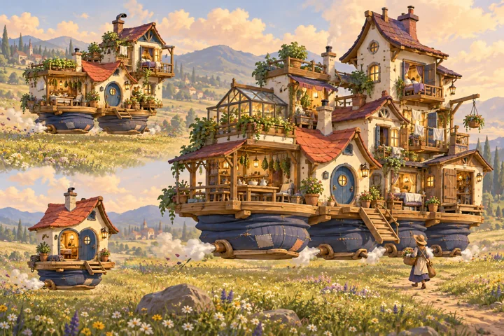 Concertina Skimmer: painted fantasy home and expansion concept with breathing bellows or air cushions.