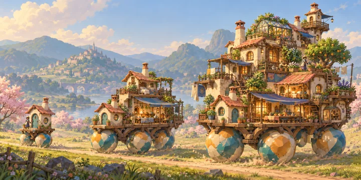 Marble Rover: painted fantasy home and expansion concept with large painted spherical wheels.