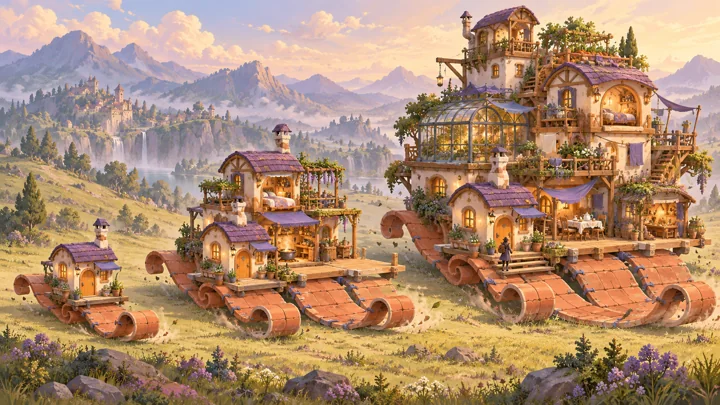 Terracotta Treader: painted fantasy home and expansion concept with flexible curled tile tracks.