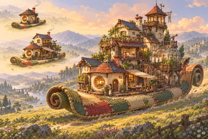 Unfurling Home: painted fantasy home and expansion concept with a flying or rolling woven runner.