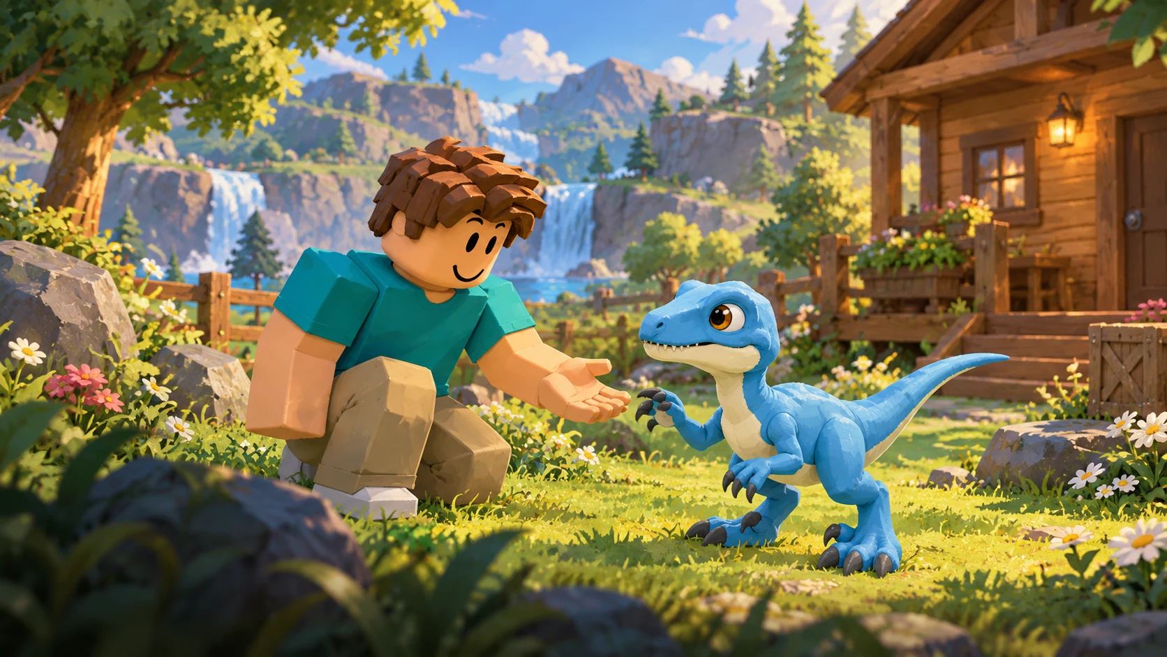 Dino Bonds promotional illustration: the blue baby raptor and its companion outside a cottage