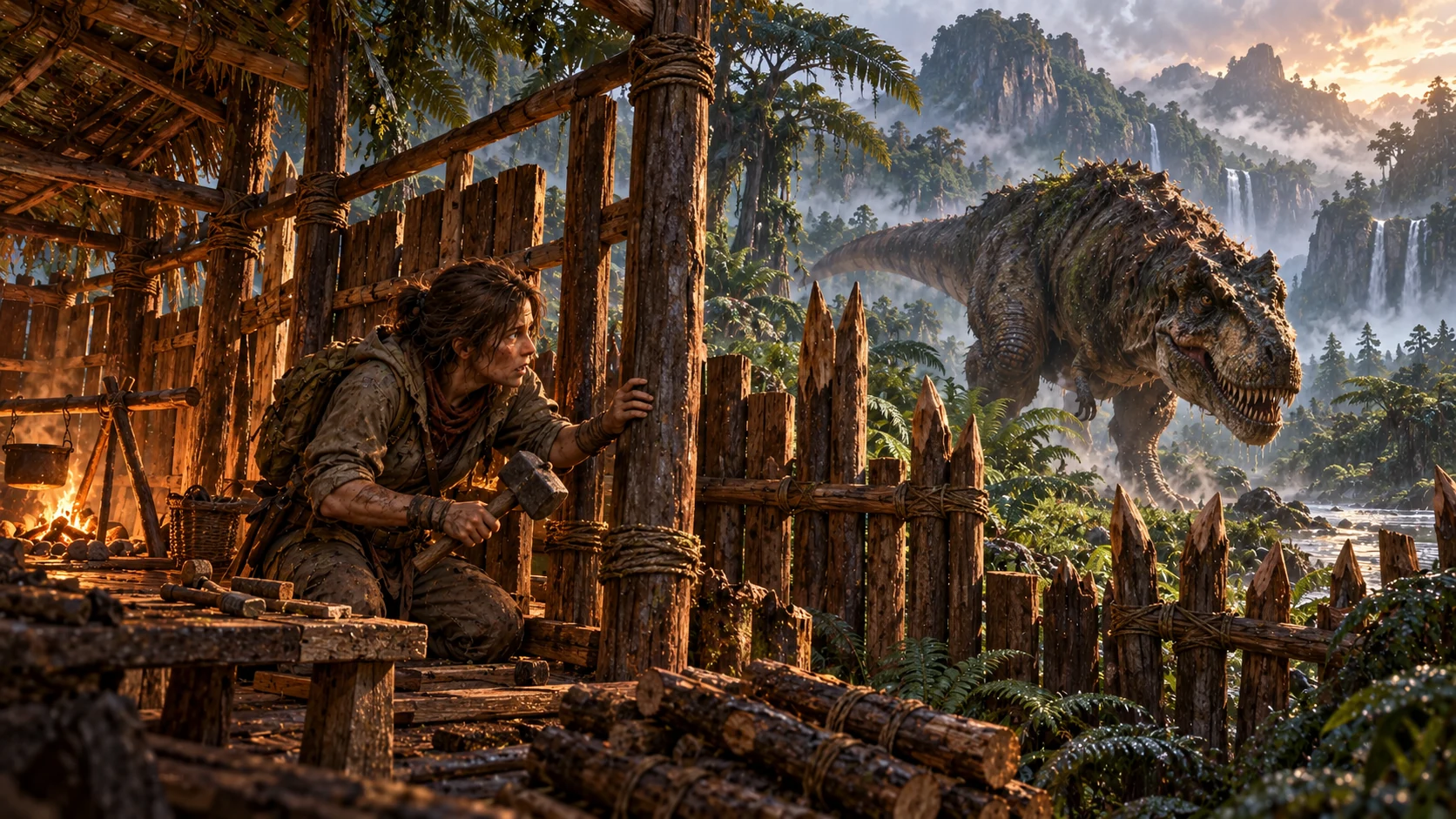 Living Collapse promotional illustration: a vulnerable human builds a wooden survival base while a predatory dinosaur prowls outside
