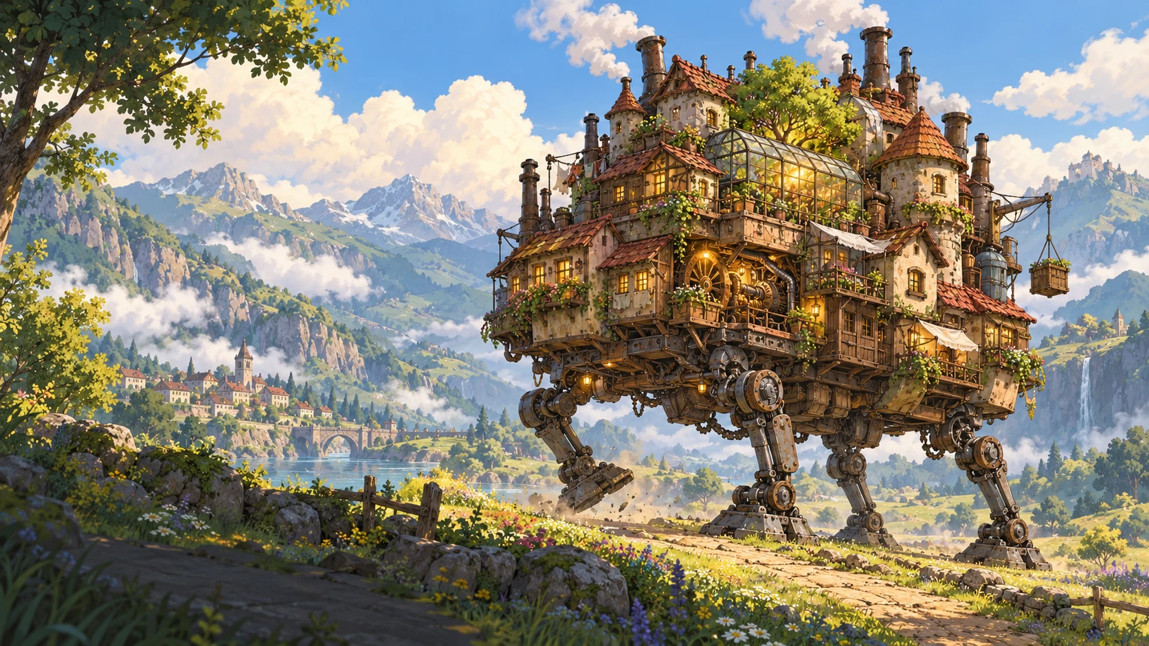 Moving Castle promotional illustration: a courtyard tree helps power a castle walking on separate mechanical metal legs