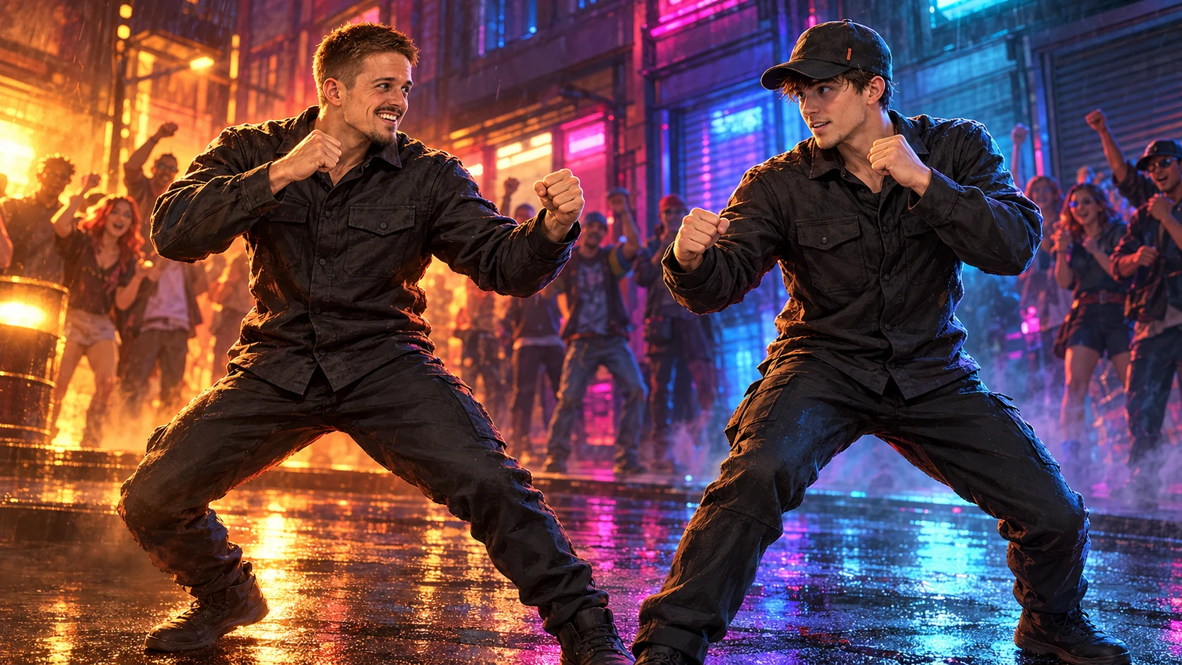 Pro Street Fighter promotional illustration: Shadow and Blackout facing off on a neon street